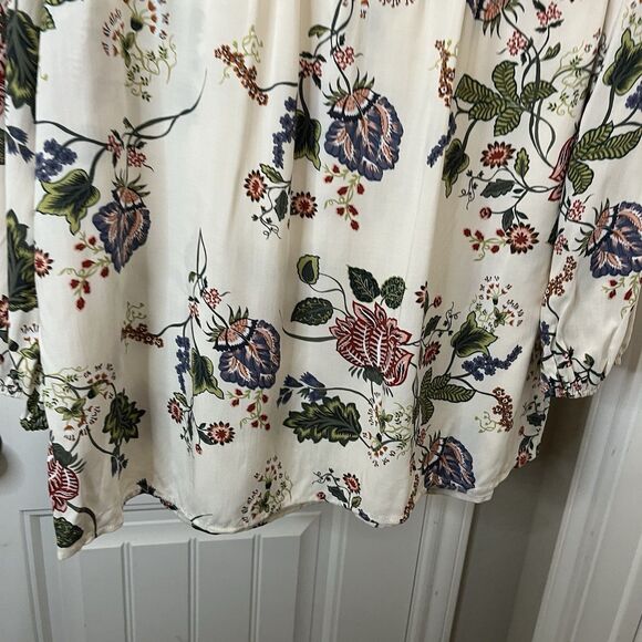 Loft Cream Blue Red Floral Half Button Long Sleeve Boho Top Womens Size L NEW - Picture 9 of 10